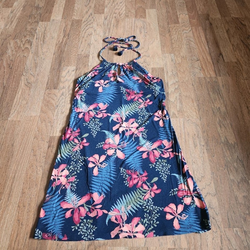 Tommy Bahama Womens Medium Navy Blue Tropical Floral Halter Mini Dress 709
